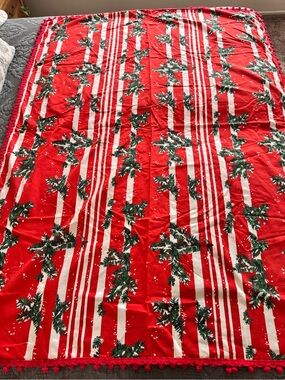Vintage Christmas Tablecloth 65x50 Red White Pine Branches Pom Pom Trim Holiday